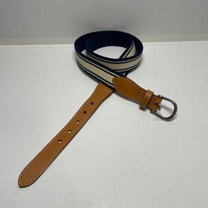 LL Bean Women M White Navy Blue Cotton Woven Brown Leather Belt 1-1/8" Wide